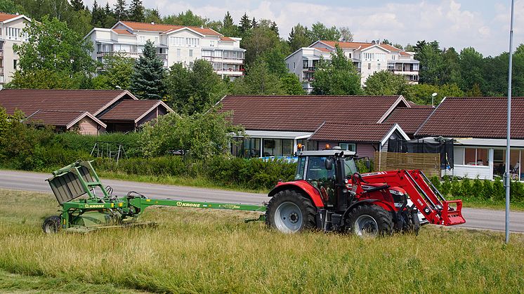 En bild från när lantbrukare slog foder på kommunala gräsytor 2018. Nu erbjuder vi foder igen. 