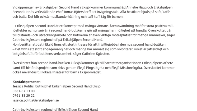 Nu öppnar Erikshjälpen Second Hand i Eksjö