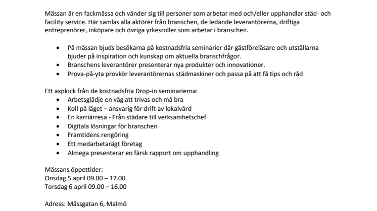 Mässan Clean & Facility är tillbaka i Malmö och Malmömässan den 5-6 april