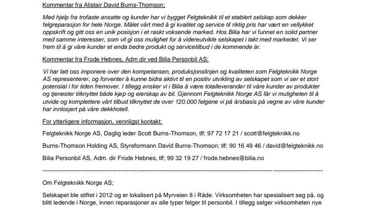 BILIA PERSONBIL AS KJØPER 80 % AV AKSJENE I FELGTEKNIKK NORGE AS