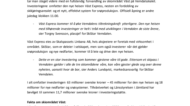 SkiStar Vemdalen: Nyheter 2014/2015