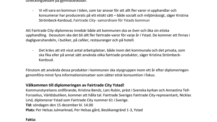 Ystad blir Fairtrade City-diplomerad den 15 december