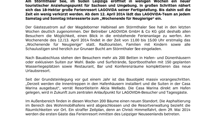 Ferienresort LAGOVIDA gibt ab 12.April Einblick für Neugierige