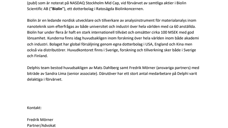 Delphi har biträtt AddLife Development AB vid förvärvet av samtliga aktier i Biolin Scientific AB