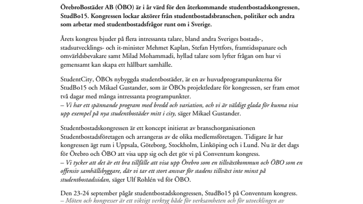 Mehmet Kaplan talar på årets studentbostadskongress StudBo15 i Örebro