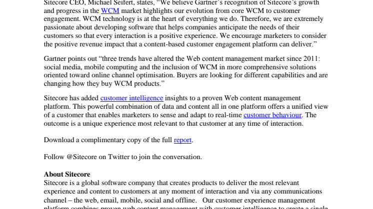 Sitecore Positioned as a Leader in  2012 Magic Quadrant Report on Web Content Management 