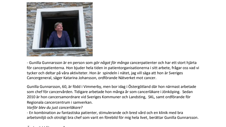 ”Sveriges Cancergeneral” Gunilla Gunnarsson - Årets cancernätverkare
