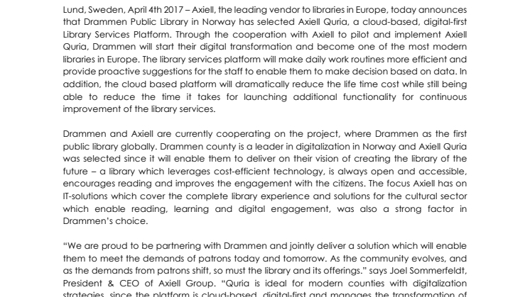 Drammen Public Library selects Axiell’s digital-first Library Services Platform