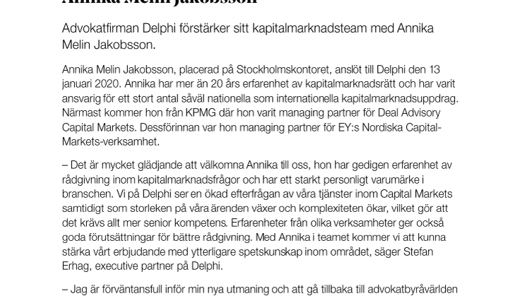 Delphi förstärker inom Capital Markets – värvar Annika Melin Jakobsson