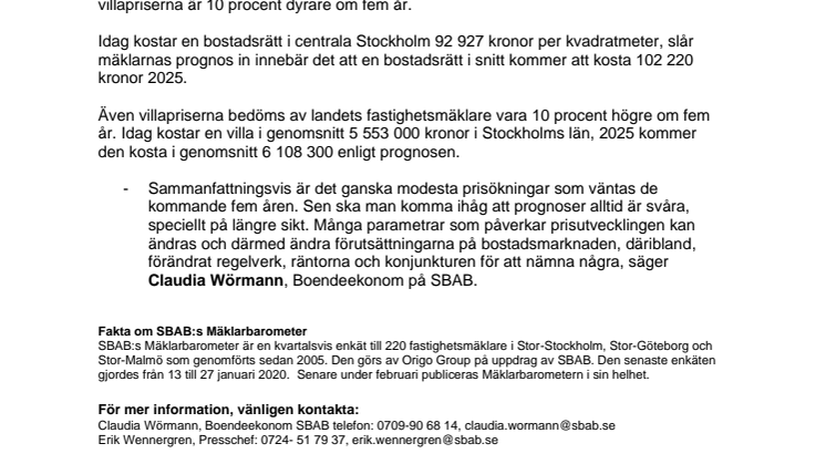 SBAB:s Mäklarbarometer: Villor och bostadsrätter tio procent dyrare om fem år