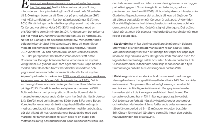Erik Olsson Fastighetsförmedling kommenterar bostadsmarknaden 18 september 2020