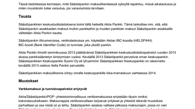 Säästöpankkien maksuliikenteen muutokset syksyllä 2014