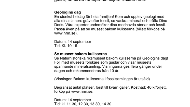 Stenkul heldag och titt bakom kulisserna. Det händer på Naturhistoriska riksmuseet i september.