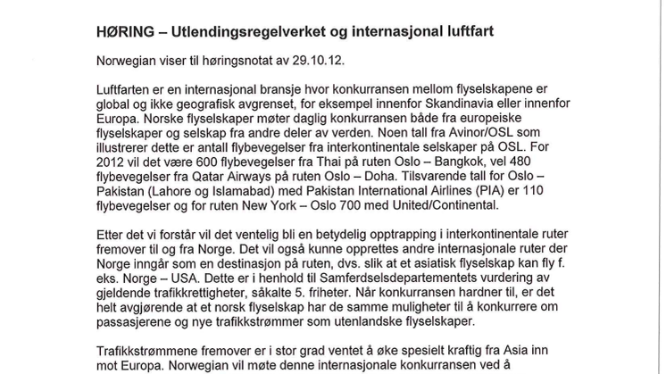 Norwegians høringssvar til Arbeidsdepartementet om endring i utlendingsforskriften