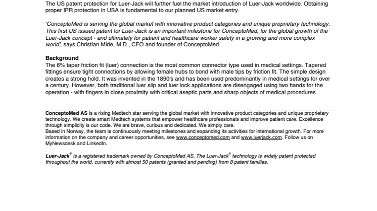 US Patent issued for Luer-Jack®