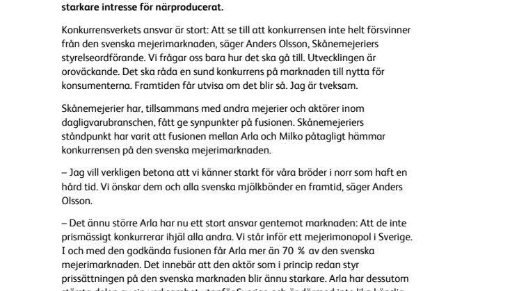 Skånemejerier kommenterar Konkurrensverkets godkännande av fusion mellan Arla och Milko