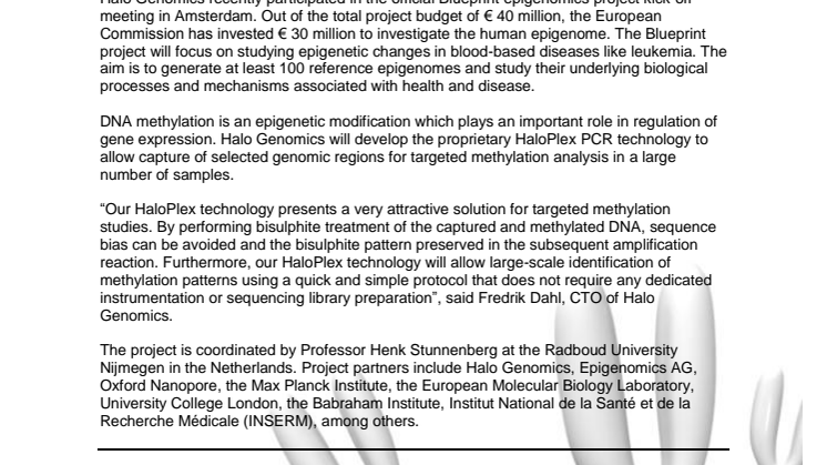 Halo Genomics partner in € 40 million European epigenomics research project