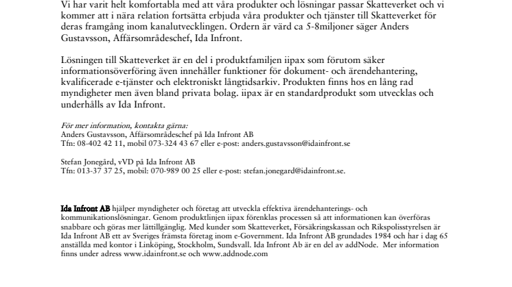 Ida Infront fortsätter att leverera till Skatteverket!