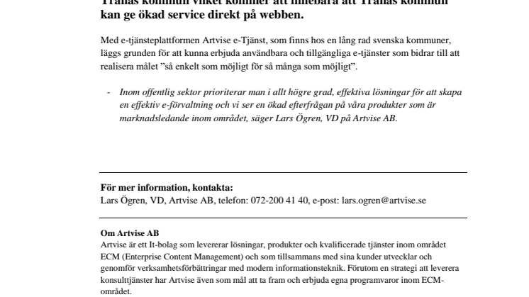Tranås kommun har valt Artvise e-Tjänst!