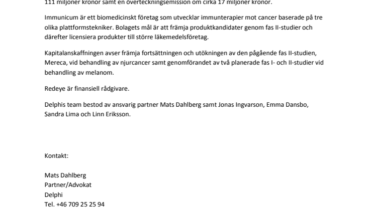 Delphi rådgivare till Immunicum vid företrädesemission 
