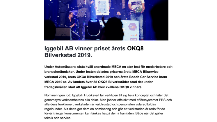 Iggebil AB vinner priset årets OKQ8 Bilverkstad 2019.
