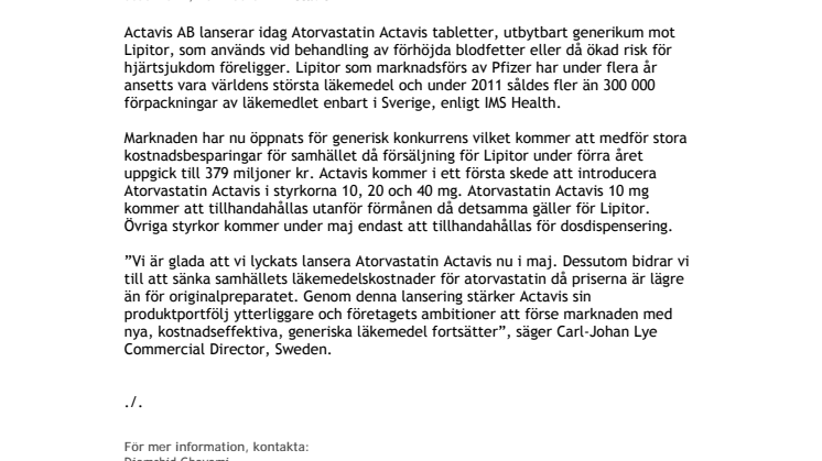 Actavis AB lanserar Atorvastatin Actavis, generikum till världens största läkemedel 