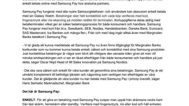 Samsung Pay nu tillgängligt för Marginalen Banks kunder