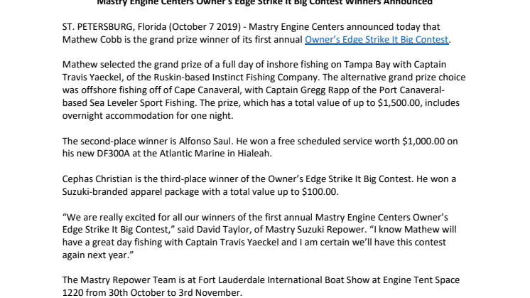 Mastry Engine Centers Owner’s Edge Strike It Big Contest Winners Announced