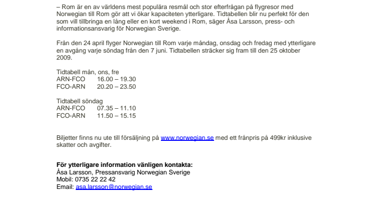 Norwegian ökar kapaciteten till nya destinationen Rom
