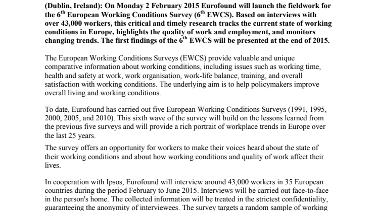 Eurofound launches the sixth edition of its survey assessing working conditions across Europe