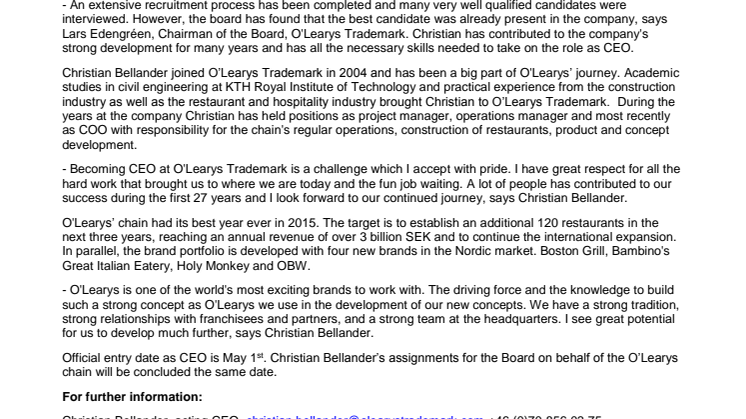 ​Christian Bellander is appointed CEO at O’Learys Trademark