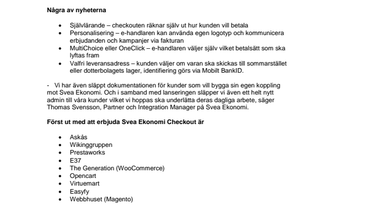 Svea Ekonomi Checkout nu live på flera plattformar