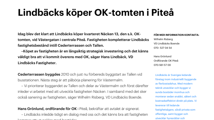 Lindbäcks köper fastighet i centrala Piteå