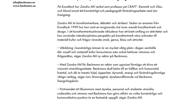 Zandra Ahl ny rektor på Beckmans Designhögskola