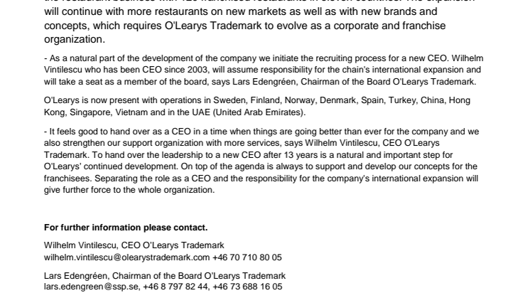 ​O'Learys expands and recruits new CEO