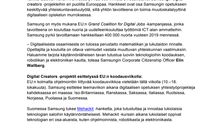  Samsung kannustaa tulevaisuuden digitaalisia osaajia EU:n koodausviikolla 