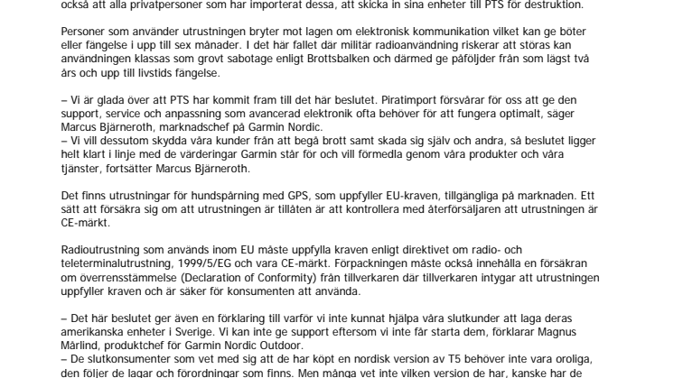Piratimport av Garmin® Astro stoppas av PTS