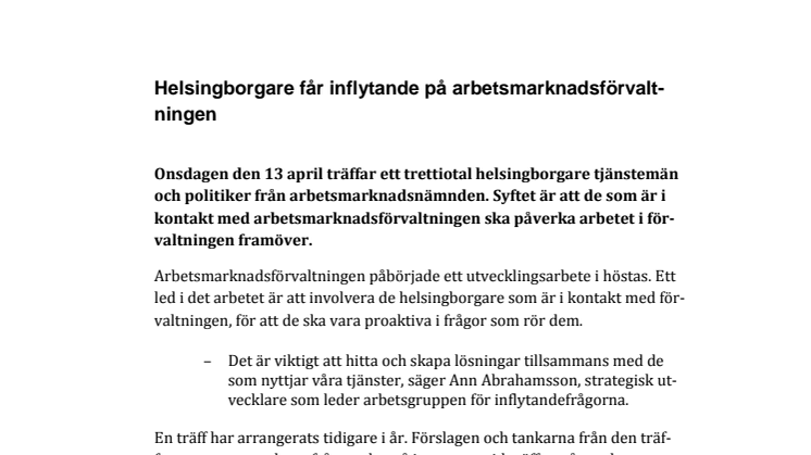 Helsingborgare får inflytande på arbetsmarknadsförvaltningen 