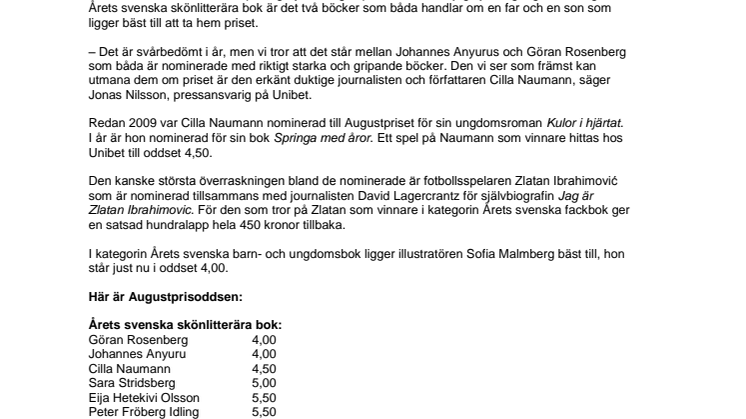 Augustpriset 2012: Anyuru och Rosenberg oddsfavoriter hos Unibet