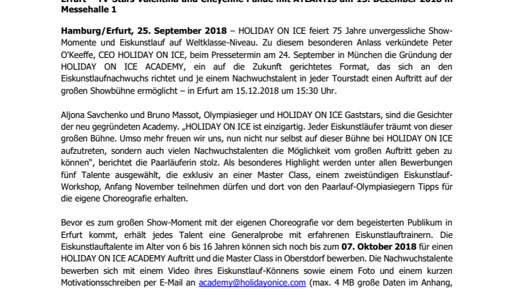 HOLIDAY ON ICE ACADEMY bringt Eiskunstlaufnachwuchs in Erfurt auf die große Showbühne der Erfolgsproduktion ATLANTIS