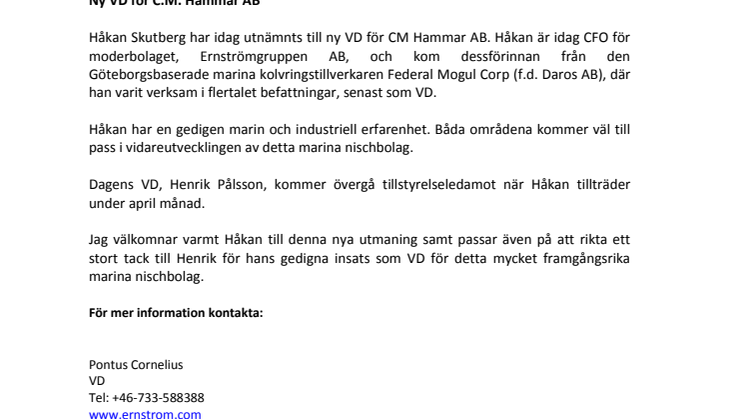 Ny VD för CM Hammar AB