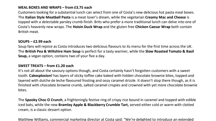 Costa Coffee Extends Food Menu with Autumnal Favourites