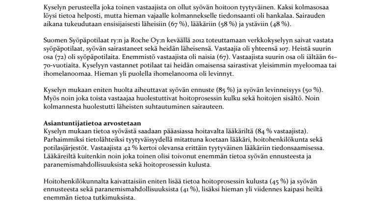Syöpäpotilaskysely: Hyvää syöpähoitoa, mutta tietoa tarvitaan lisää
