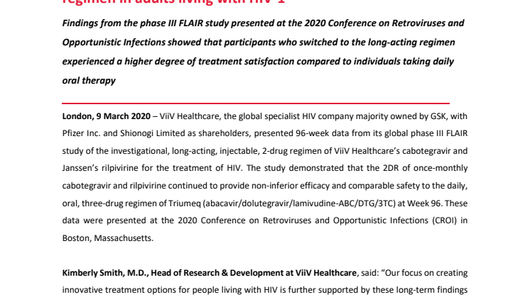 ViiV Healthcare presents positive long-term data , long-acting, injectable treatment regimen in adults living with HIV-1