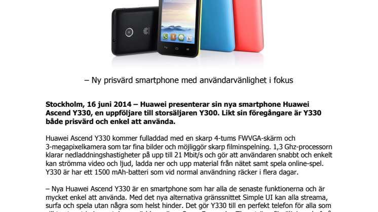 Ny prisvärd smartphone med användarvänlighet i fokus – Nu finns Huawei Ascend Y330 i Sverige