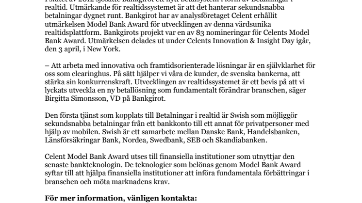 Bankgirot har erhållit Celents Model Bank Awards för utveckling av Betalningar i realtid