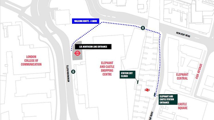 The new walking route for Thameslink passengers connecting with the Northern line at Elephant & Castle, from 24 September 2020