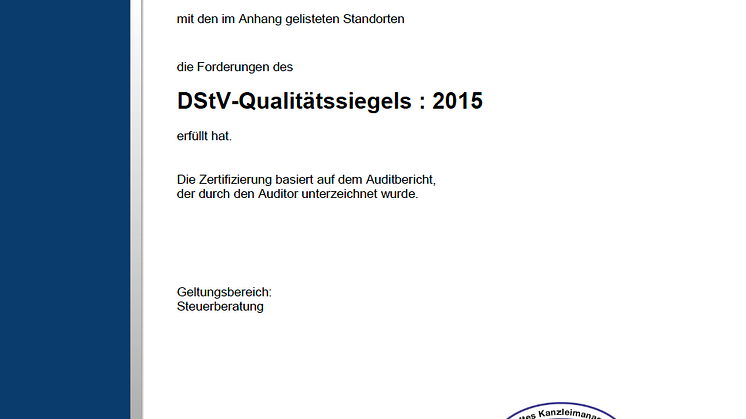 Zertifikat der DQS und das DStV-Qualitätssiegel 2020 erneuert.