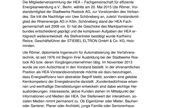 Ute Römer neue Vorstandsvorsitzende der HEA – Fachgemeinschaft für effiziente Energieanwendung