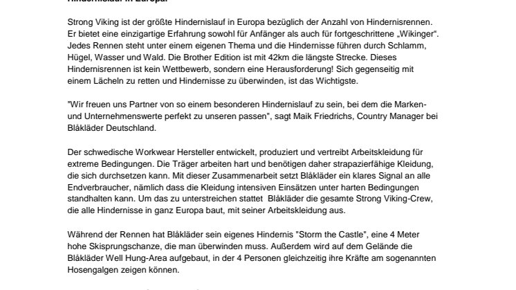 Blåkläder ist jetzt auch in Deutschland offizieller Partner vom Strong Viking Hindernislauf 2018